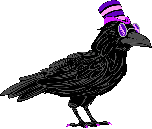 a crow with purple pince nez glasses, a purple and pink striped top hat and painted nails, logo of The House of Whimsy: Goth and Y2K clothes and home decor